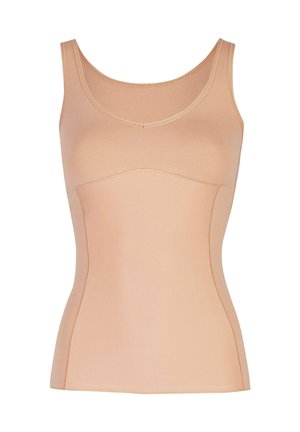 Beige Tanktop mit einer figurbetonten Passform, rundem Ausschnitt und breiten Trägern. Hergestellt aus glattem Material mit dezenten Nahtdetails.