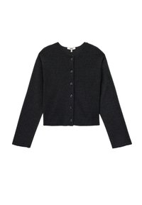 Cardigan cropped a maniche lunghe grigio scuro con scollatura rotonda e sei bottoni frontali, posato piatto su uno sfondo bianco.