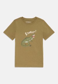 Olijfgroene katoenen t-shirt met korte mouwen, voorzien van een dinosaurustekening en de tekst "ROARRR!" in het wit, casual pasvorm en ronde hals.