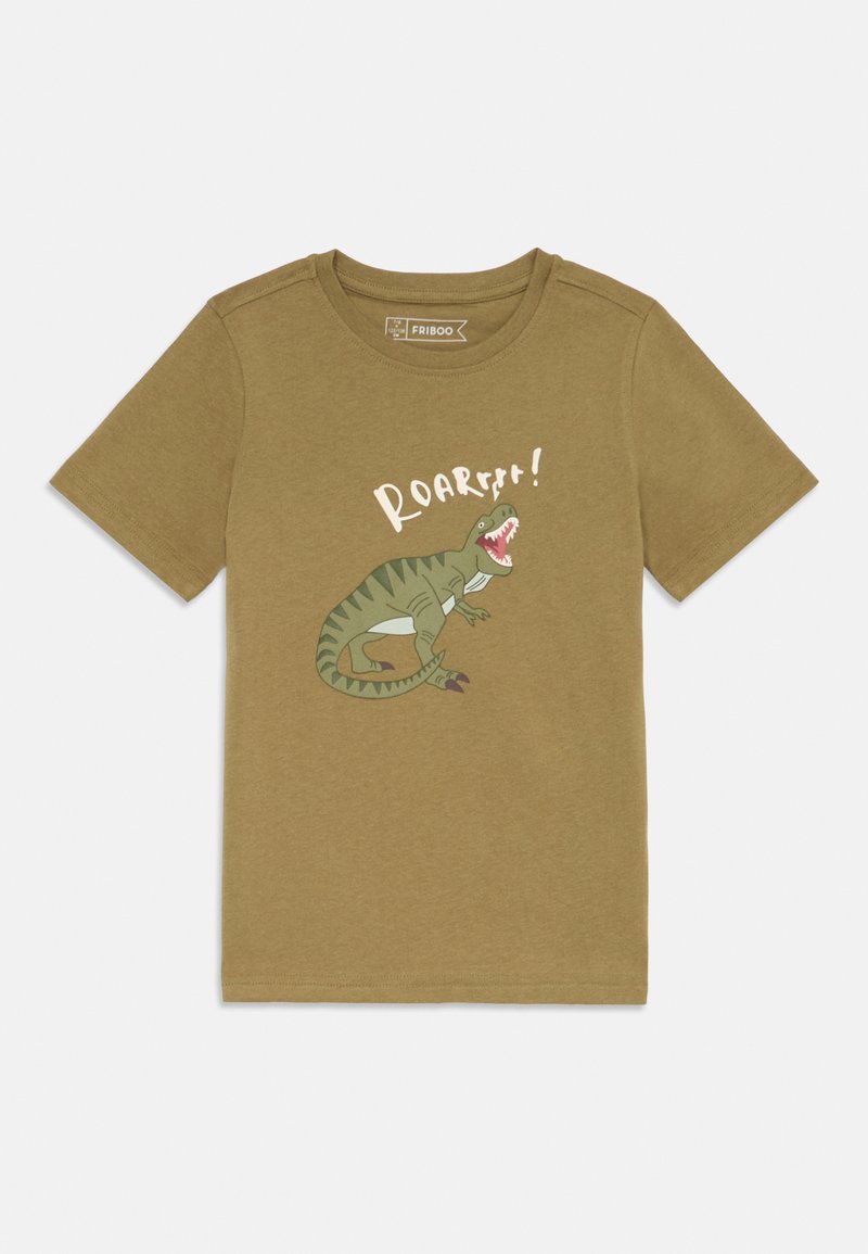 T-shirt en coton vert olive à manches courtes avec un graphique de dinosaure et le texte "ROARRR !" en blanc, coupe décontractée et col rond.