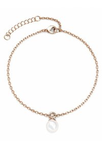 Bracciale in oro rosa con ciondolo di perla bianca tonda e chiusura con anello regolabile per la personalizzazione della misura.