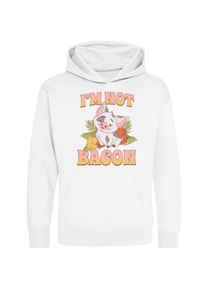 Hvid hættetrøje med en tegneseriegris omgivet af blomster og blade, med teksten "I'M NOT BACON" i store farverige bogstaver.
