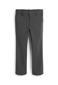 Grijze op maat gemaakte broek met een gladde textuur, voorzien van een elastische tailleband, platte voorkant en zijzakken. Casual en veelzijdig ontwerp.