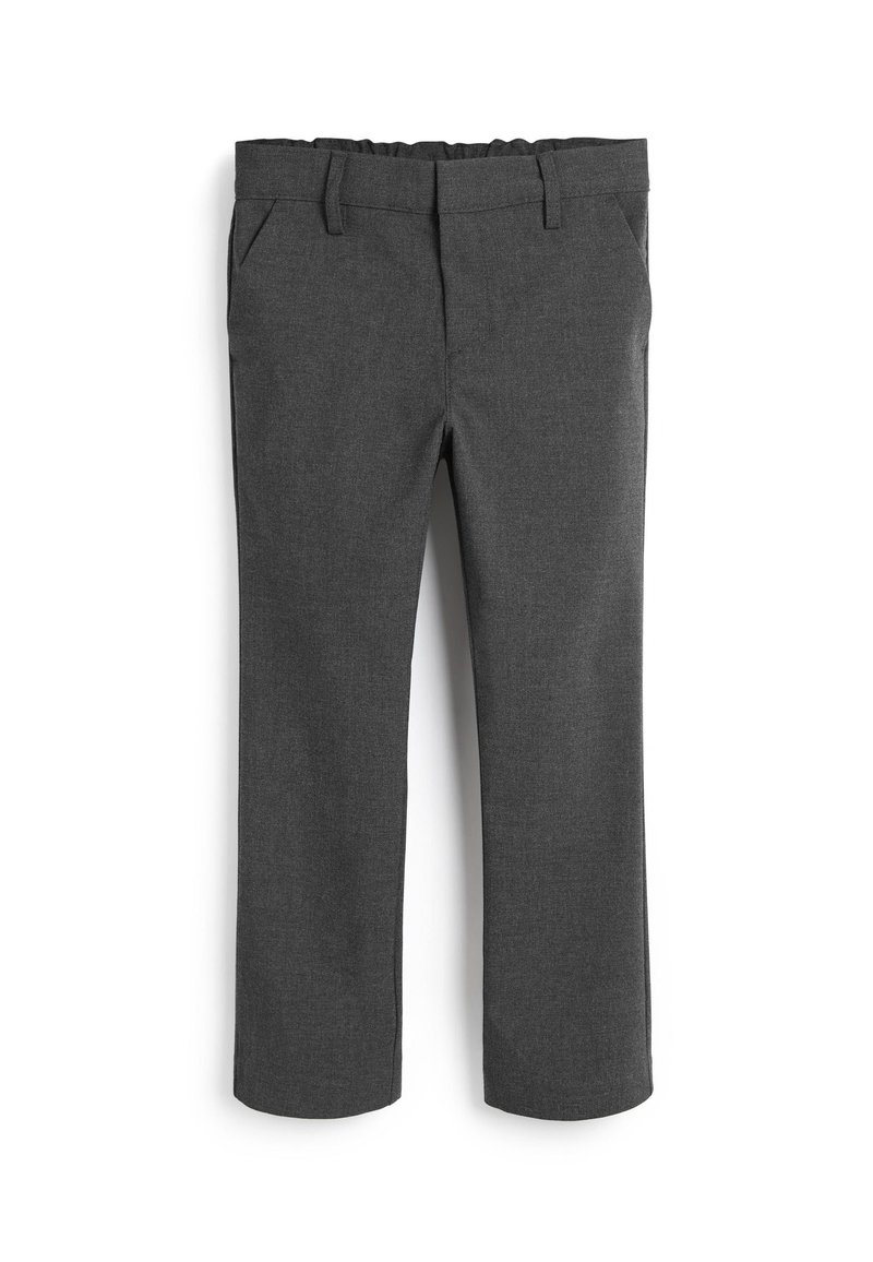 Grijze op maat gemaakte broek met een gladde textuur, voorzien van een elastische tailleband, platte voorkant en zijzakken. Casual en veelzijdig ontwerp.