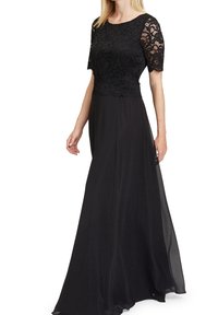 Zwarte jurk met een kanten lijfje en korte mouwen, een vloeiende rok en een zachte textuur, ontworpen voor formele gelegenheden.