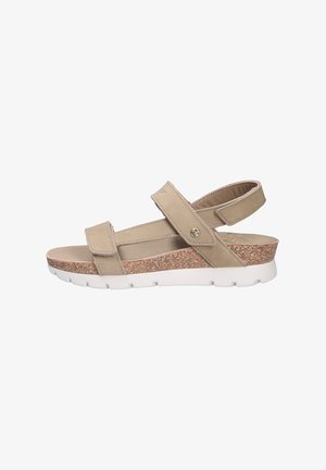 Sandalia beige con dos correas ajustables, plantilla de corcho y suela de goma blanca. Presenta una plantilla acolchada para mayor comodidad. Diseño plano.