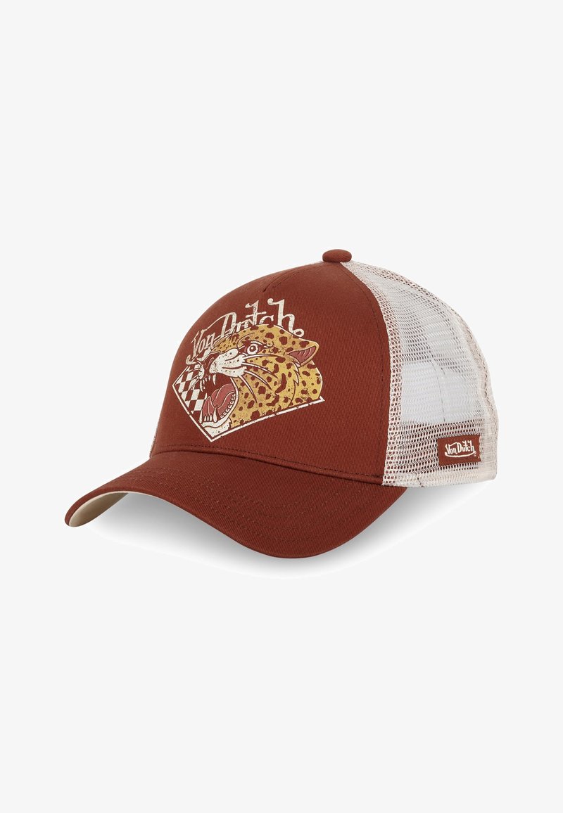 Casquette de camionneur marron avec des côtés en mesh, arborant un graphique léopard et le texte "Von Dutch" en blanc. Visière incurvée et fermeture snapback réglable.