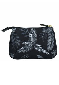Zwarte met rits afgesloten tas met een gedetailleerd wit papegaai ontwerp tussen bladeren. Gemaakt van gladde stof met een contrasterende zwarte rand.