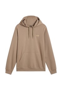 Sudadera con capucha beige, con un bolsillo frontal, cordones y un pequeño logotipo en relieve en el pecho. Textura de tela suave y lisa.