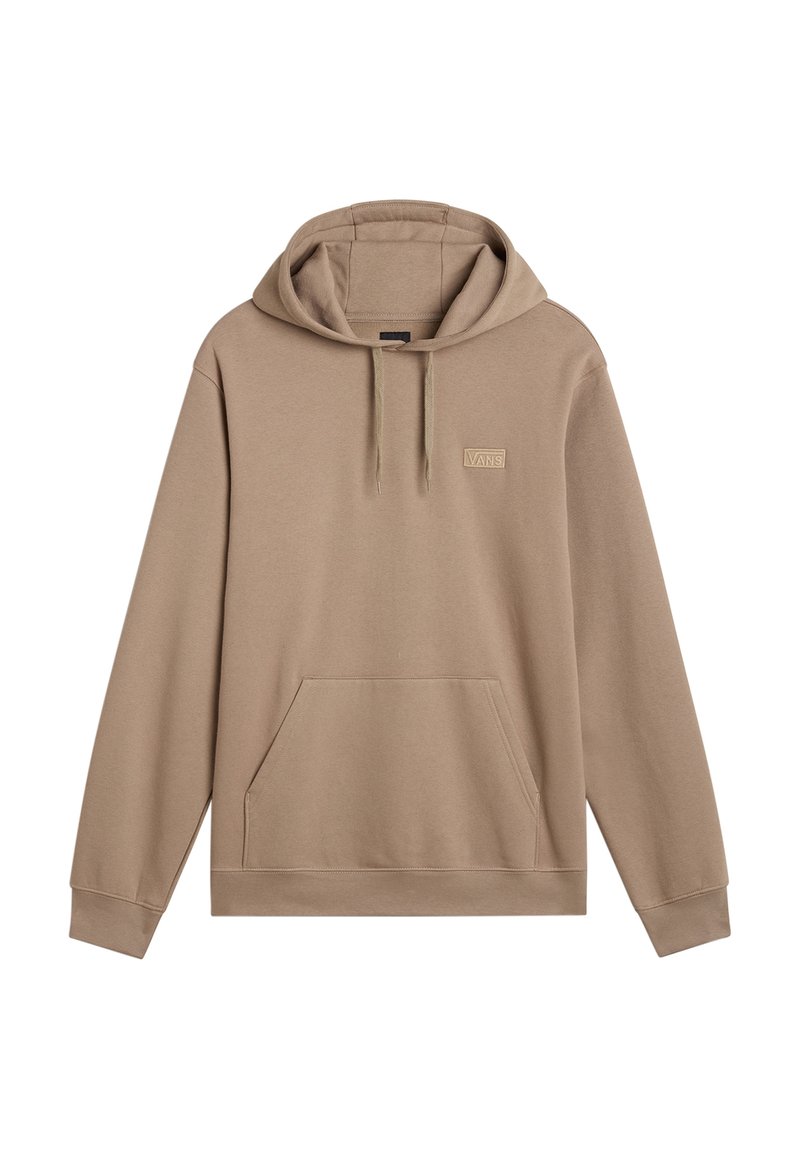 Sudadera con capucha beige, con un bolsillo frontal, cordones y un pequeño logotipo en relieve en el pecho. Textura de tela suave y lisa.