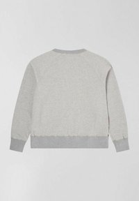 Felpa grigia con maniche raglan, polsini e orlo a costine, realizzata in tessuto morbido. Design semplice senza motivi o grafiche visibili.