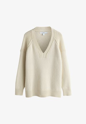 Sweter w kolorze kremowym z głębokim dekoltem w kształcie litery V, ze ściągaczami na dekolcie i u dołu oraz z teksturowanym splotem na ramionach i rękawach.
