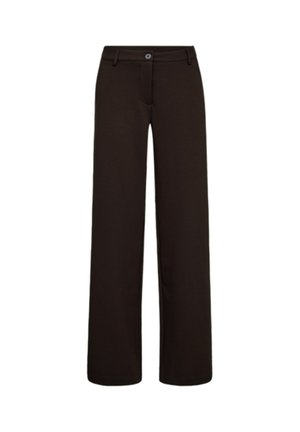 Zwarte broek met rechte pijpen, knoop- en ritssluiting, riemlussen en een glad ontwerp aan de voorkant.
