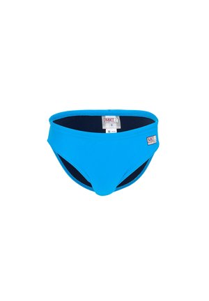 Slip da bagno da uomo blu brillante con fodera interna nera ed etichetta della taglia visibile all'interno della vita.