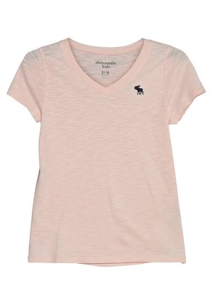Lyserød kortærmet V-hals T-shirt til børn med en lille sort elglogo på venstre bryst, størrelse 9/10 fra Abercrombie Kids.