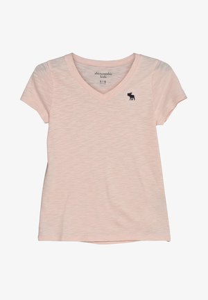 Lyserød kortærmet V-hals T-shirt til børn med en lille sort elglogo på venstre bryst, størrelse 9/10 fra Abercrombie Kids.