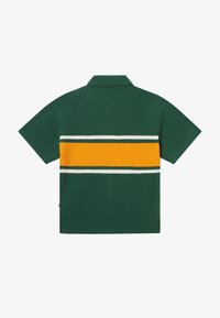 Polo à manches courtes en maille de couleur vert foncé avec un motif texturé et une large bande horizontale orange bordée de fines lignes blanches sur le dos.