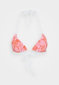 Top de bikini triangular în model floral roz și portocaliu, cu legături albe la gât și spate, fabricat dintr-un material elastic.