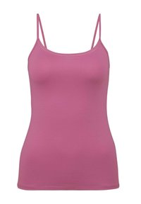 Pink camisole with thin straps, made of smooth fabric; fitted design with a round neckline and a clean, hemmed edge.
