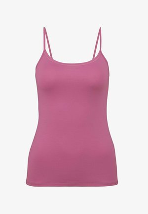 Pink camisole with thin straps, made of smooth fabric; fitted design with a round neckline and a clean, hemmed edge.