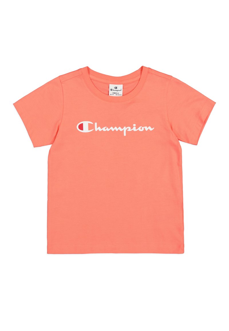 Camiseta de algodón color coral con cuello redondo y mangas cortas, con el logotipo blanco de "Champion" impreso en la parte frontal.