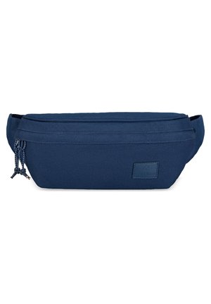 Sac banane en tissu bleu marine au design épuré, fermeture éclair, détails de nouage sur le côté et petite étiquette de marque à l'avant.