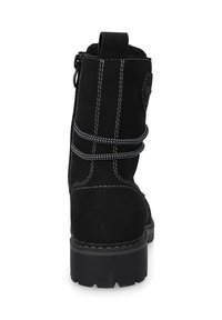 Black suede ankle boot with gray stitching, side zip closure, and two decorative striped bands. Thick sole with a rugged texture.