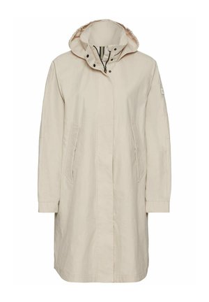 Beige lichtgewicht jas met een capuchon, voorzien van een ritssluiting, twee zijzakken en een rechte snit. Gemaakt van glad, gestructureerd stof.