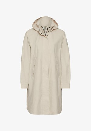 Beige leichter Mantel mit Kapuze, ausgestattet mit einem Reißverschluss, zwei Seitentaschen und einer geraden Silhouette. Hergestellt aus glattem, strukturiertem Stoff.