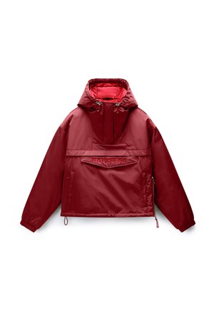 Red hooded anorak jacket with front zip pocket, drawstring hood, elastic cuffs, and logo embroidered on the front pocket flap.