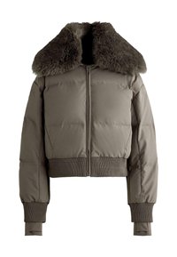 Borzszőrmés gallérral ellátott, tompa taupe színű rövidített steppelt dzseki. Elől cipzárral, bordázott mandzsettával és sima textúrával rendelkezik.