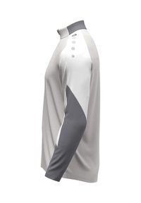Lange mouwen sportshirt in lichtgrijs met donkergrijze accenten, voorzien van een hoge kraag en een knoopdetail op de schouder. Glad stofoppervlak.