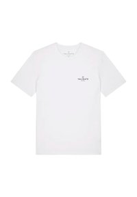 Hvid kortærmet t-shirt lavet af bomuld, med rund halsudskæring og et lille sort "VALIDATE" logo på venstre bryst.