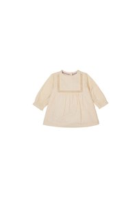 Robe couleur crème clair avec de longues manches bouffantes, tissu texturé, décolleté carré avec détail en dentelle et taille froncée.