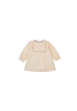 Hellcremefarbenes Kleid mit langen Puffärmeln, strukturiertem Stoff, quadratischem Ausschnitt mit Spitze und gerafftem Bund.