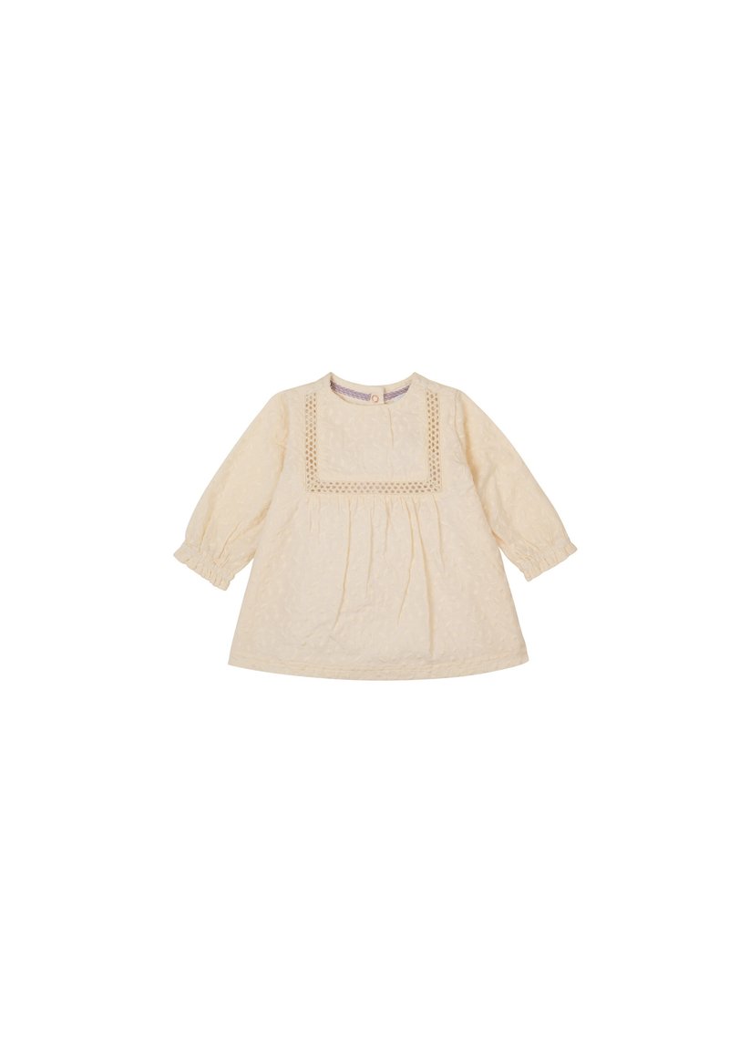 Robe couleur crème clair avec de longues manches bouffantes, tissu texturé, décolleté carré avec détail en dentelle et taille froncée.