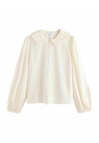 Cremfarbene Pulloverbluse mit spitzenbesetztem Peter-Pan-Kragen, langen Puffärmeln, Knopfleiste vorne und strukturiertem Stoff.