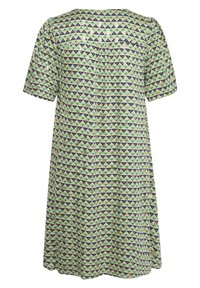 Kortärmad klänning i grönt, med ett geometriskt mönster av marinblå trianglar. Lättviktsmaterial med en avslappnad, A-linjär form.
