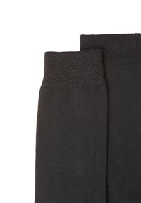 Black socks with a smooth texture, featuring a ribbed, stretchable cuff. Two pairs arranged side by side, displaying consistent design and color.