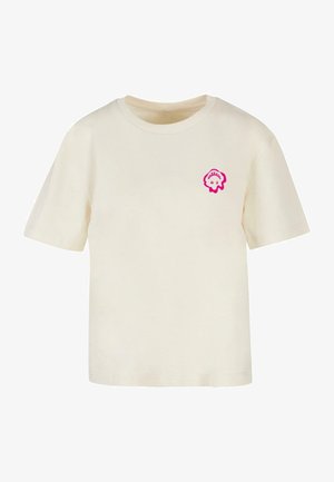 Kremfarget bomulls t-skjorte med korte ermer, med et rosa grafisk design av et smilende ansikt på venstre bryst. Rund halsringning.