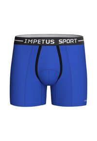 Blaue Sport-Boxershorts mit einem schwarzen elastischen Bund, der mit "IMPETUS SPORT" beschriftet ist. Sie haben ein enges Design und eine glatte Textur.