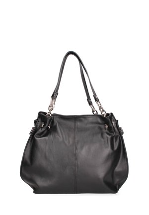 Borsa a tracolla nera in pelle con doppie maniglie, texture morbida, forma arrotondata e minime accentuazioni in metallo argentato.