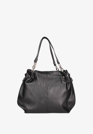 Black leather handbag with dual shoulder straps, soft texture, rounded shape, and minimal silver-tone hardware accents.
