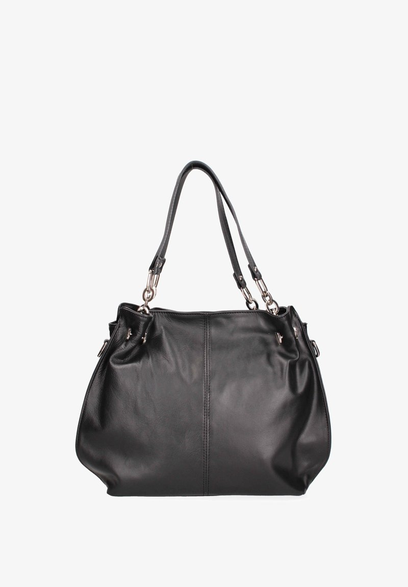 Czarna skórzana torebka na ramię z podwójnymi ramiączkami, miękka w dotyku, o zaokrąglonym kształcie i minimalistycznych srebrnych akcentach.