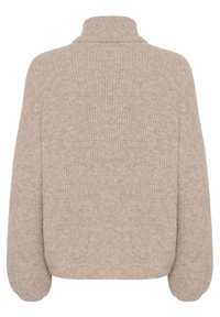 Maglione beige a coste con colletto alto e spalle basse. Tessuto morbido, vestibilità oversize e maniche lunghe. Design semplice e minimalista.