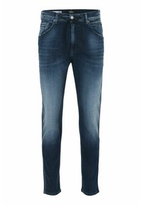 Vaqueros de mezclilla azul oscuro con un corte ajustado, que cuentan con una cintura con cordón, un diseño clásico de cinco bolsillos y un desvanecimiento sutil para aportar textura.
