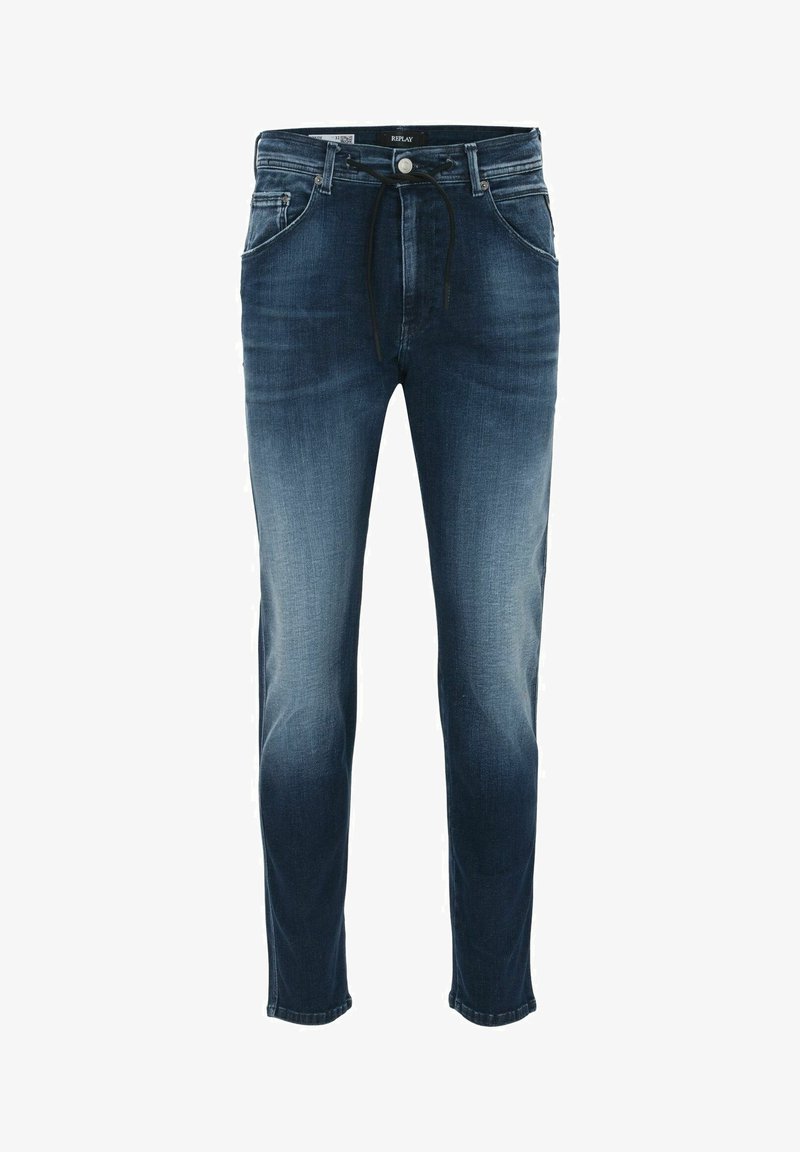 Tumman siniset farkut, joissa on kavennettu malli, nauhavyötärö, klassinen viisi taskua -suunnittelu ja hienovarainen kuluminen tekstuurin luomiseksi.