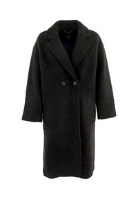 Cappotto lungo in lana nera con ampi rever, due bottoni frontali e due tasche laterali, esposto su uno sfondo bianco.