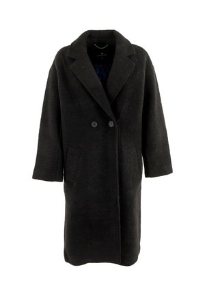 Cappotto lungo in lana nera con ampi rever, due bottoni frontali e due tasche laterali, esposto su uno sfondo bianco.