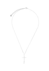 Zilveren ketting met een gestructureerde, verticale kruispendant. Dunne, delicate ketting en verstelbare sluiting met een klein rond hangertje.